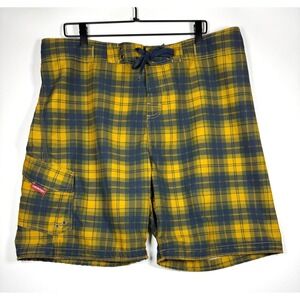 Burton Board Shorts Mens XL Yellow Blue Plaid Polyester Surf Swim Streetwear